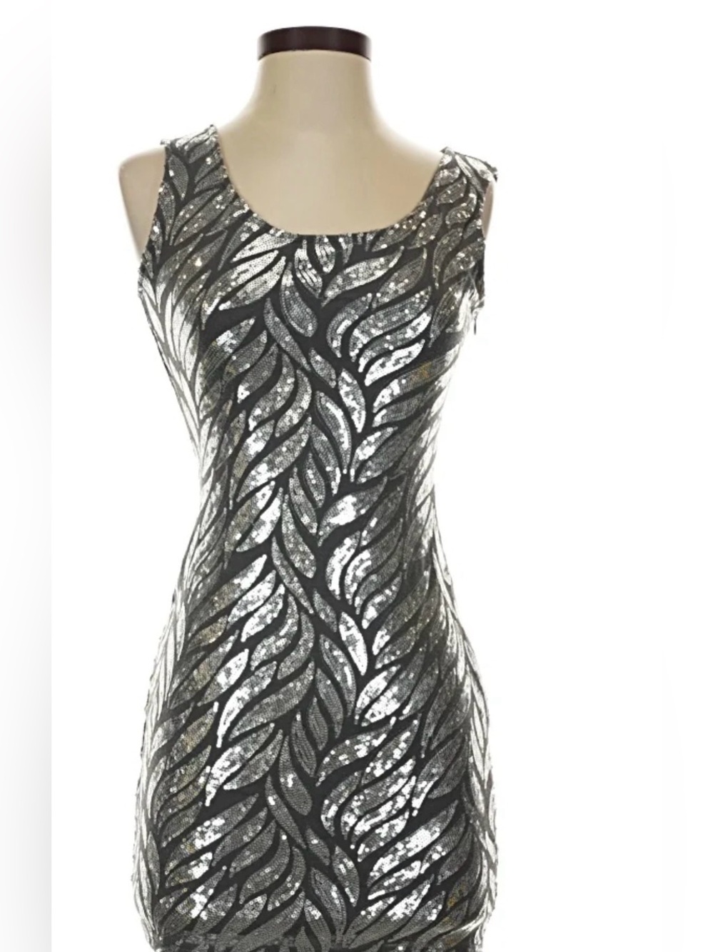 Aqua Black Dress with Metallic Sequin Leaf Motif, Size M